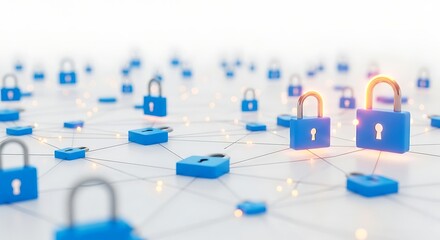 Network of interconnected digital security locks representing cybersecurity and data protection concepts