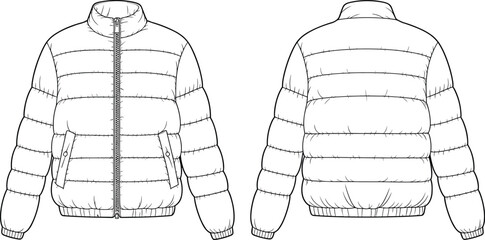 Puffer jacket technical flat sketch, front and back view, quilted winter coat fashion design, garment template illustration, outerwear apparel drawing, clothing vector mockup