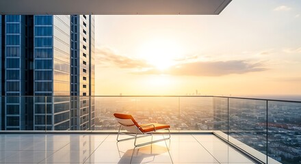 Modern orange lounge chair on a high rise balcony overlooking a cityscape at sunset