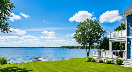 Beautiful blue lakefront home with green lawn and white picket fence under a sunny sky