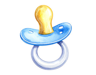 Watercolor illustration of a baby pacifier with a light blue and yellow color scheme against a black background