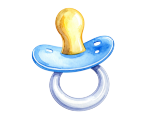 Watercolor illustration of a baby pacifier with a light blue and yellow color scheme against a black background