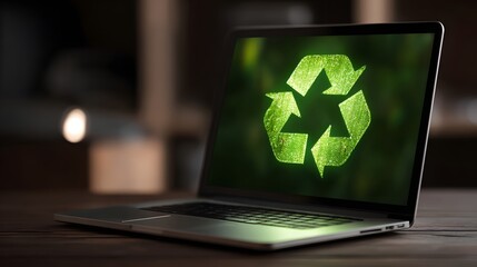 Illuminated green recycle symbol glows brightly on a modern portable computer screen