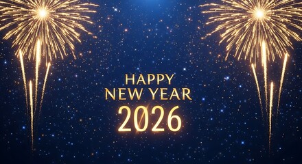 Golden fireworks illuminate the night sky celebrating the arrival of the happy new year 2026