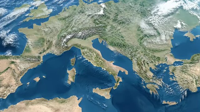 A vibrant, detailed earth view focused on the European and African continents, showcasing water bodies