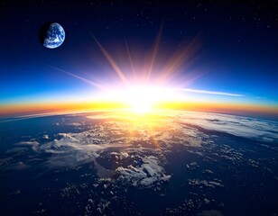 Earth and moon with sun rising above the horizon in deep space