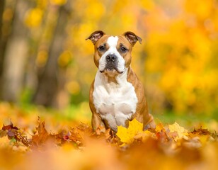 Dog sits amidst golden autumn foliage, gazing towards the viewer