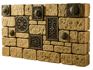 Decorative antique bronze tiles on a rough stone brick wall on a transparent background