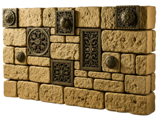 Decorative antique bronze tiles on a rough stone brick wall on a transparent background