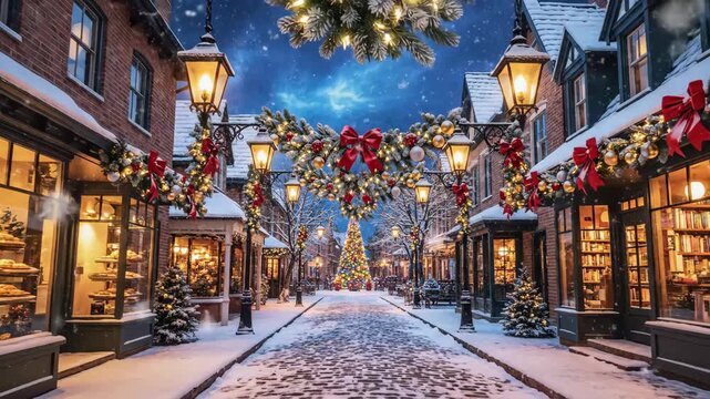 Festive Christmas Street Scene - A charming small town street is decorated for the Christmas holiday with snow-covered cobblestones, festive garlands, and illuminated lanterns.