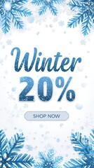 Winter christmas sale banner 20% discount on seasonal items online store snowy environment promotional viewpoint