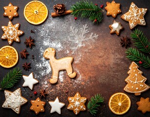 Festive holiday display with decorated gingerbread and winter botanicals