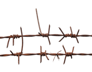 Weathered, rusty barbed wire on a black background, with menacing spikes and an old, aged texture