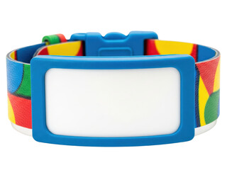 Colorful child safety wristband with a blank ID card on a transparent background