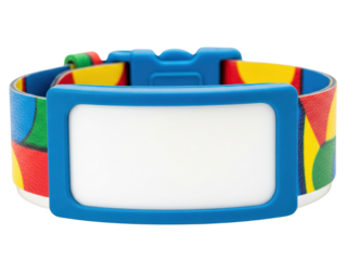 Colorful child safety wristband with a blank ID card on a transparent background