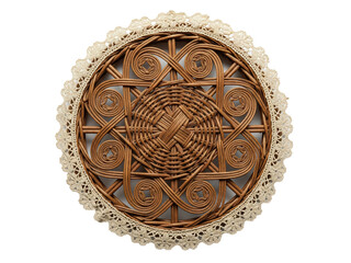 Round woven wicker placemat with an ornate lace border on a transparent background