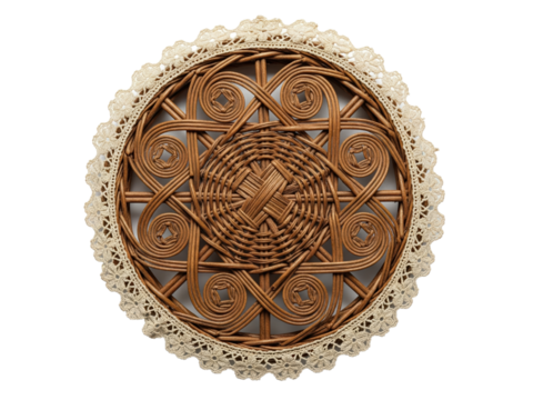 Round woven wicker placemat with an ornate lace border on a transparent background
