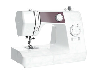 White, modern sewing machine with gray accent, angled view, isolated on black