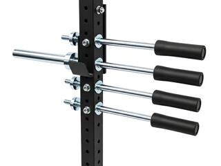 Weight plate holder and dip bars on squat rack on a transparent background