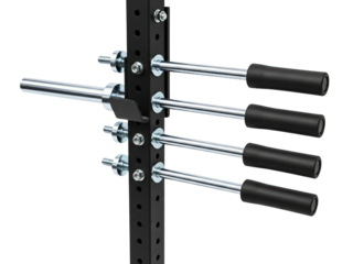 Weight plate holder and dip bars on squat rack on a transparent background