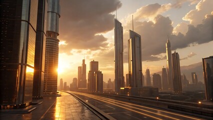 Golden Hour Futuristic Metropolis with Warm Light Beams and Reflective Towers, Realistic 3D Render
