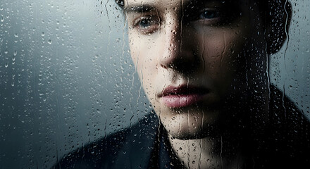 Contemplative Portrait A Young Man Reflecting Behind a Rain-Streaked Window