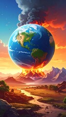 Earth floats over volcanic landscape and erupting mountains with a river