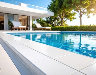 Luxury White Villa with Sparkling Blue Pool and Sunbeds Under Clear Sky on Sunny Day
