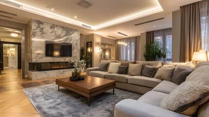 Luxurious contemporary living room interior features a large sectional sofa and modern fireplace