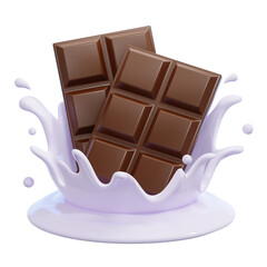 PNG 3D Chocolate Bars Splashing into Fresh Milk Illustration Isolated on a White Background