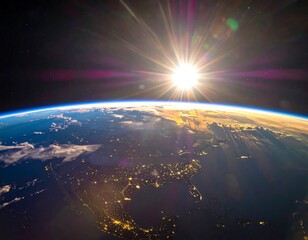 Earth from space with a radiant sun. The planet?s lit up city lights are seen