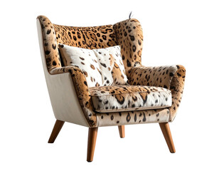 Wingback chair in leopard print with cream accents, angled legs, and matching pillow against a stark dark backdrop