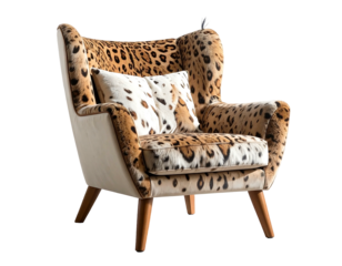 Wingback chair in leopard print with cream accents, angled legs, and matching pillow against a stark dark backdrop