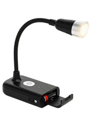 Battery-operated flexible gooseneck LED book light for reading on a transparent background