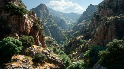 Obraz premium Deep mountain ravine displays steep rocky slopes covered with dense green vegetation under bright daylight
