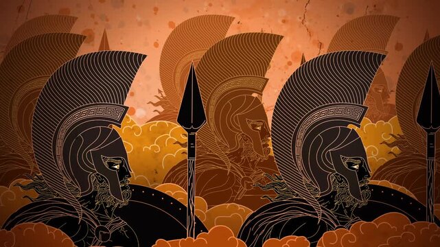 spartan warriors marching with spear and bronze shield