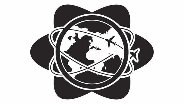 Inspiring travel agency emblem featuring airplane flying around the world, ideal for travel blogs, global tourism, international business, and vacation planning