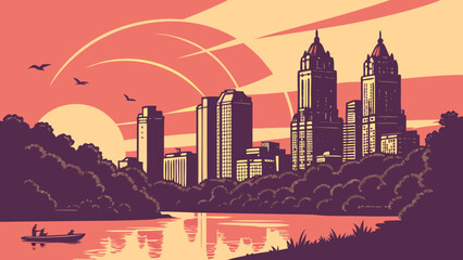 Naklejka premium Atlanta skyline vector with a central park comparison, perfect for citythemed designs, travel brochures, and urban poster illustrations.