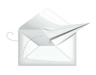 White paper airplane flying out of an open white envelope, with a dotted flight path