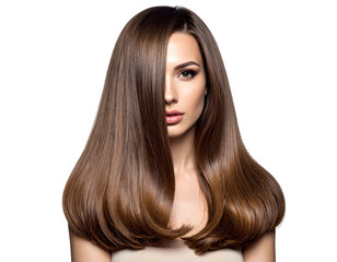 Woman with long, glossy brunette hair partially obscuring one eye, set against a black background