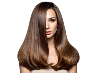 Woman with long, glossy brunette hair partially obscuring one eye, set against a black background