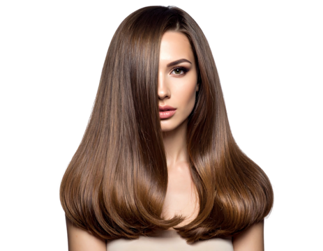 Woman with long, glossy brunette hair partially obscuring one eye, set against a black background