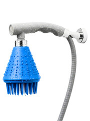 Pet grooming shower head attachment with a blue rubber brush on a transparent background