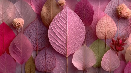 Flat lay of skeleton leaves and flowers, delicate and textured, pink and magenta, for a romantic natural background