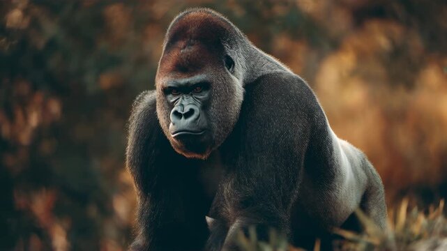 Powerful Silverback Gorilla Portrait Staring Directly at Camera in Jungle Habitat with Soft Warm Lighting