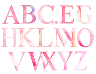 Watercolor letters A to Z in pink hues on a black background. Soft, delicate, and textured