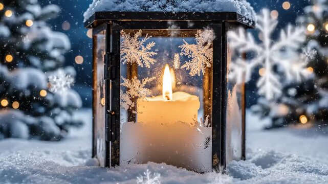 Winter Candle Lantern Scene - A black metal lantern with snowflake decals sits in the snow, a candle burning brightly inside.