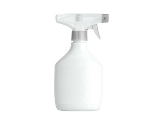 White plastic spray bottle with trigger, gray cap, and clean design, on a black background