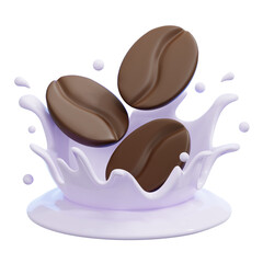 PNG 3D Coffee Beans Splashing into Creamy Milk Illustration Isolated on a White Background