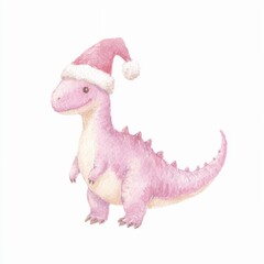 Dinosaur wearing a Santa hat in soft watercolor style for a festive holiday decoration
